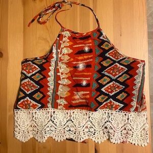 Papaya Red Aztec Halter Cami with Cream Crochet Hem
